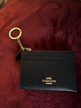 Coach Black Pebbled Leather Card Case with Gold Key Ring